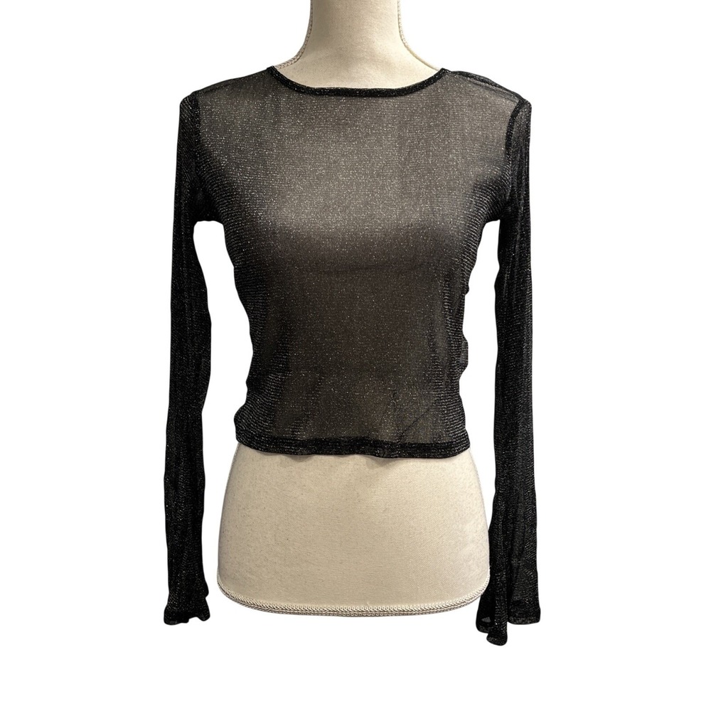 Black Sheer Y2K Crop Top Metallic Flare Sleeve Size M Witchy‎ Whimsigoth Fairy